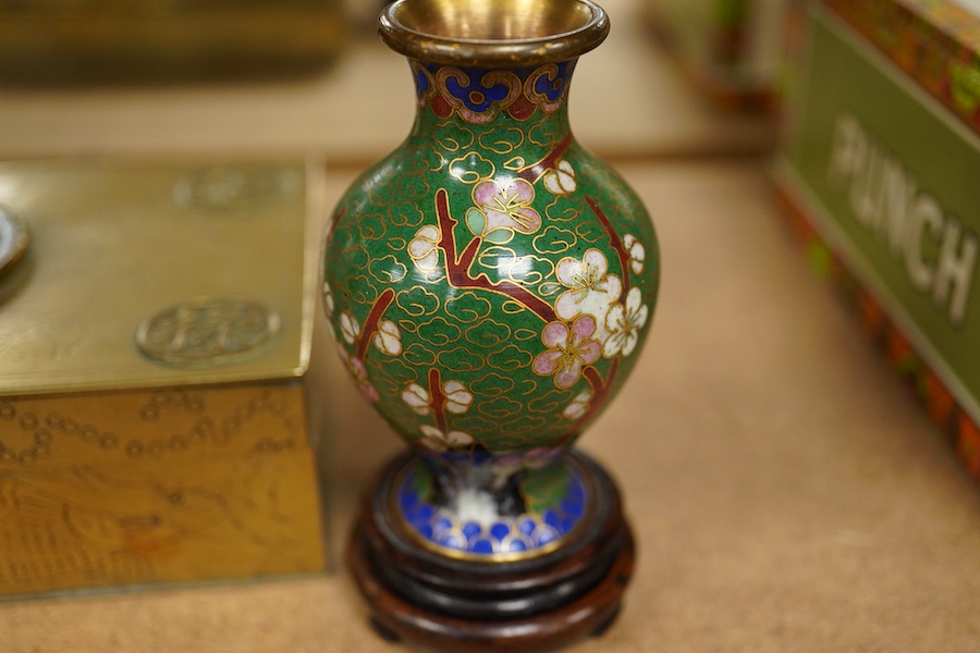 A Chinese brass and bowenite inset box, a cloisonné enamel miniature vase, and an inside painted snuff bottle, largest 15cm wide